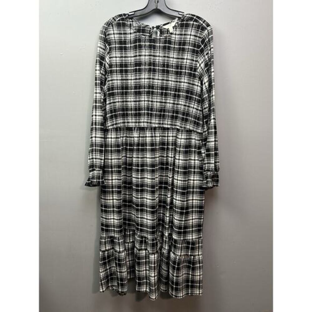 Terra & Sky Tiered Peasant Midi Dress Womens Plus‎ 2X Black White Plaid Pockets
